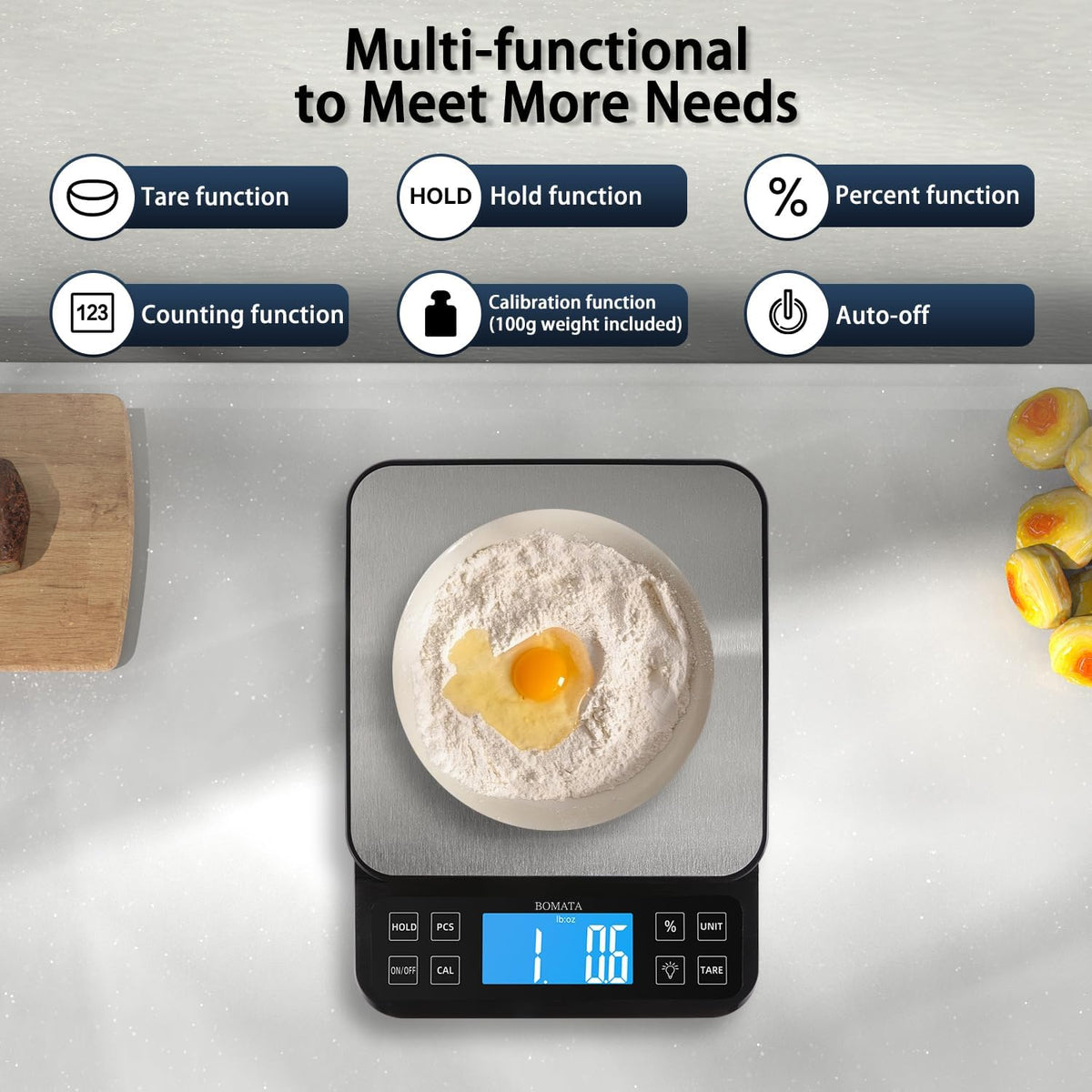 BOMATA Large Kitchen Scale 0.1g/0.001oz High Precision, 11lb Bakery Scale | % Percentage Function, USB Rechargeable, Full-View Angle LCD with Backlight, Stainless Steel Pan