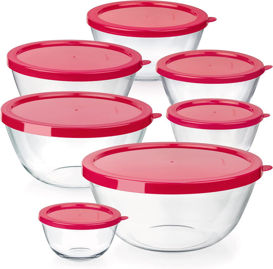 7 Stackable Space-Saving Nesting Glass Bowls with Pink Lids for Foodprep, Storage, Baking, Mixing & Cooking, Microwave Safe