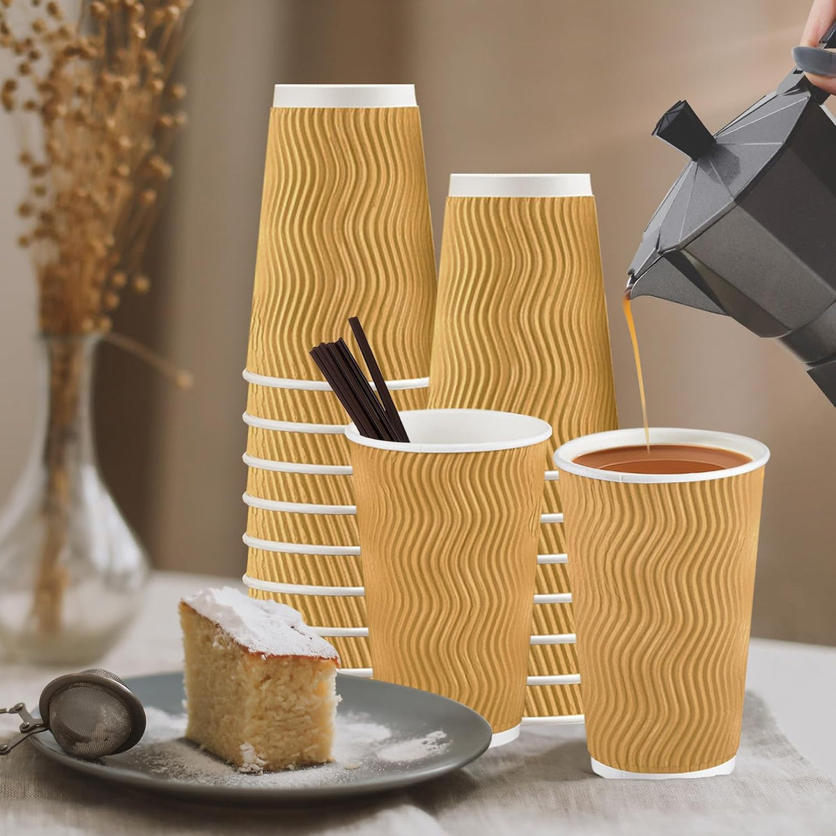 SIUQ 90 Pack 16 oz Disposable Coffee Cups with Lids and Straws - Champagne | Insulated Ripple Wall To Go Paper Cups for Hot/Cold Drinks, Coffee, Tea &amp; Chocolate. Ideal for Office, Travel, Parties