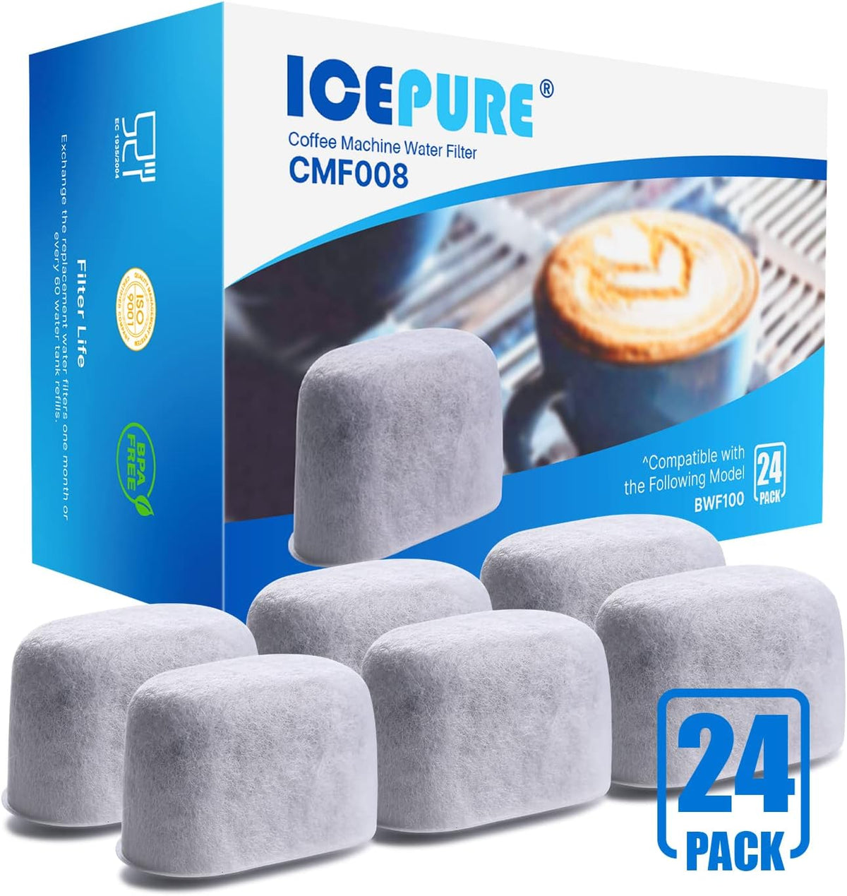 ICEPURE Coffee Machine Water Filter Replacement for Breville BWF100, BES980XL, BES920XL, BES870XL, Barista Espresso Machines, Ion Exchange Resin, Reduces Heavy Metals &amp; Improves Coffee Taste, 24PACK