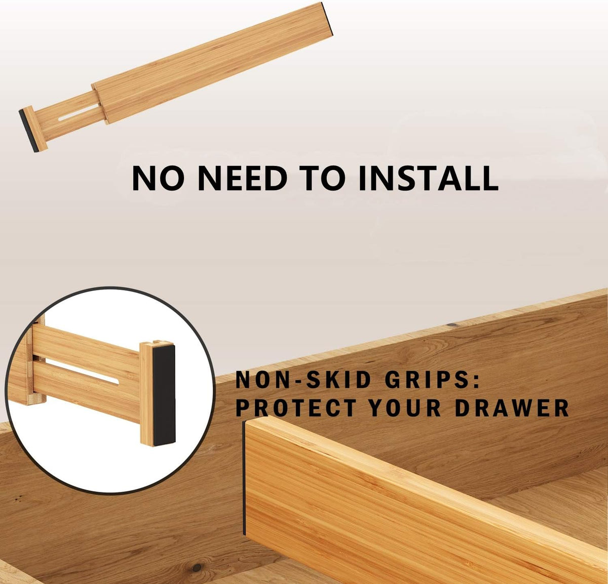 BAMEOS Bamboo Expandable Drawer Dividers – Fits 16.6"–22" Drawers, 2" High, Set of 4 | Spring-Loaded Bamboo Separator for Kitchen Island, Bathroom Vanity &amp; Dresser Drawers
