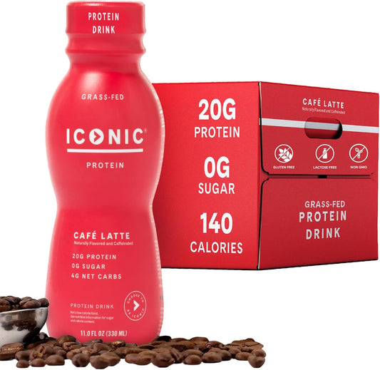 Iconic Protein Drinks, Café Latte (12 Pack) - Sugar Free & Low Carb - 20g Protein + 100mg Caffeine - Lactose Free, Gluten