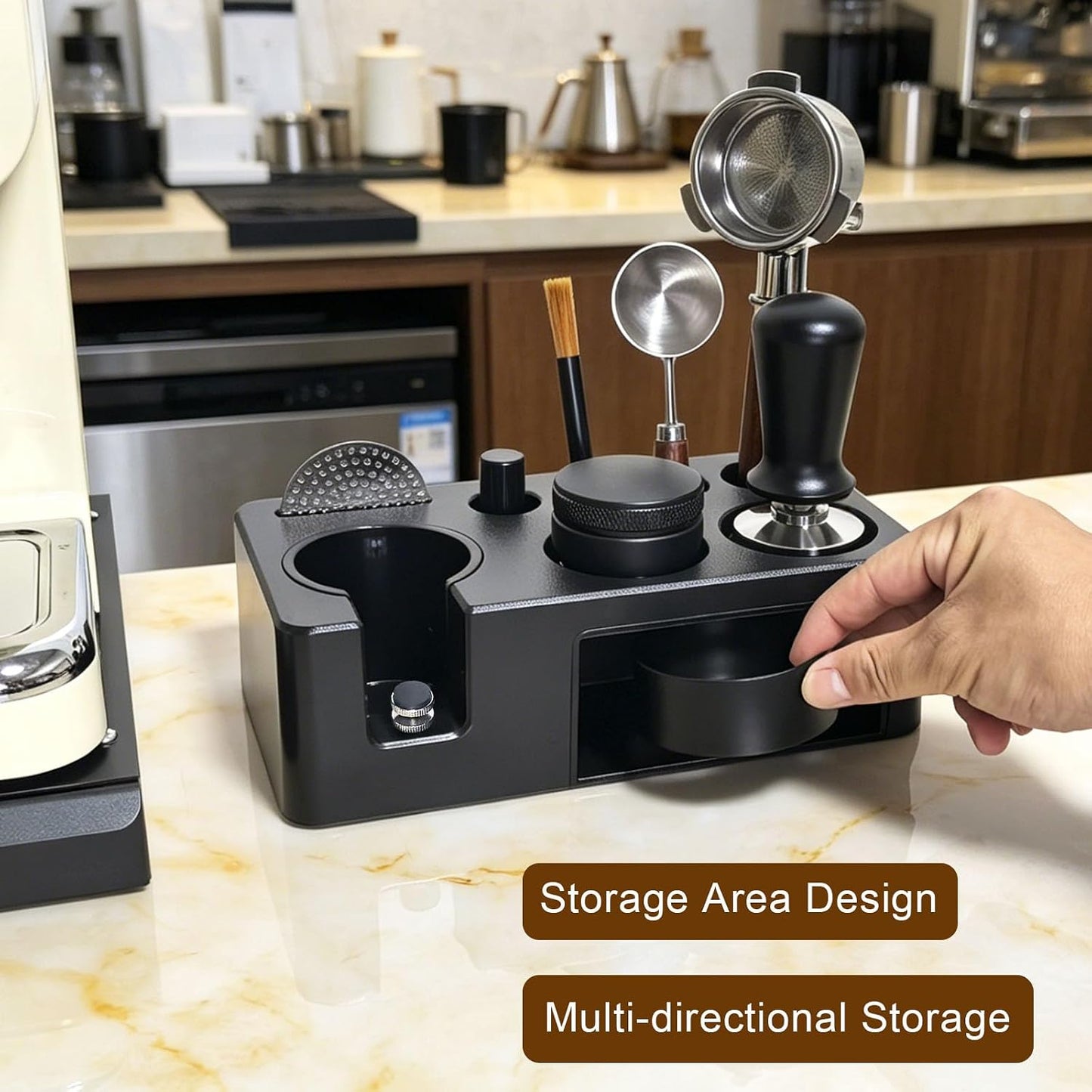 Espresso Tamping Station,Multifunctional Espresso Tamper Station,Adjustable Height Portafilter Holder,Espresso Tools Storage (Black, 51-58mm)