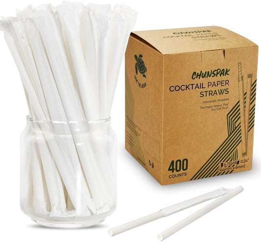 [400 Pack] Compostable Short Paper Straws Individually Wrapped, 5.75" x 0.24", Dye-free White - Great for Kids, Milk