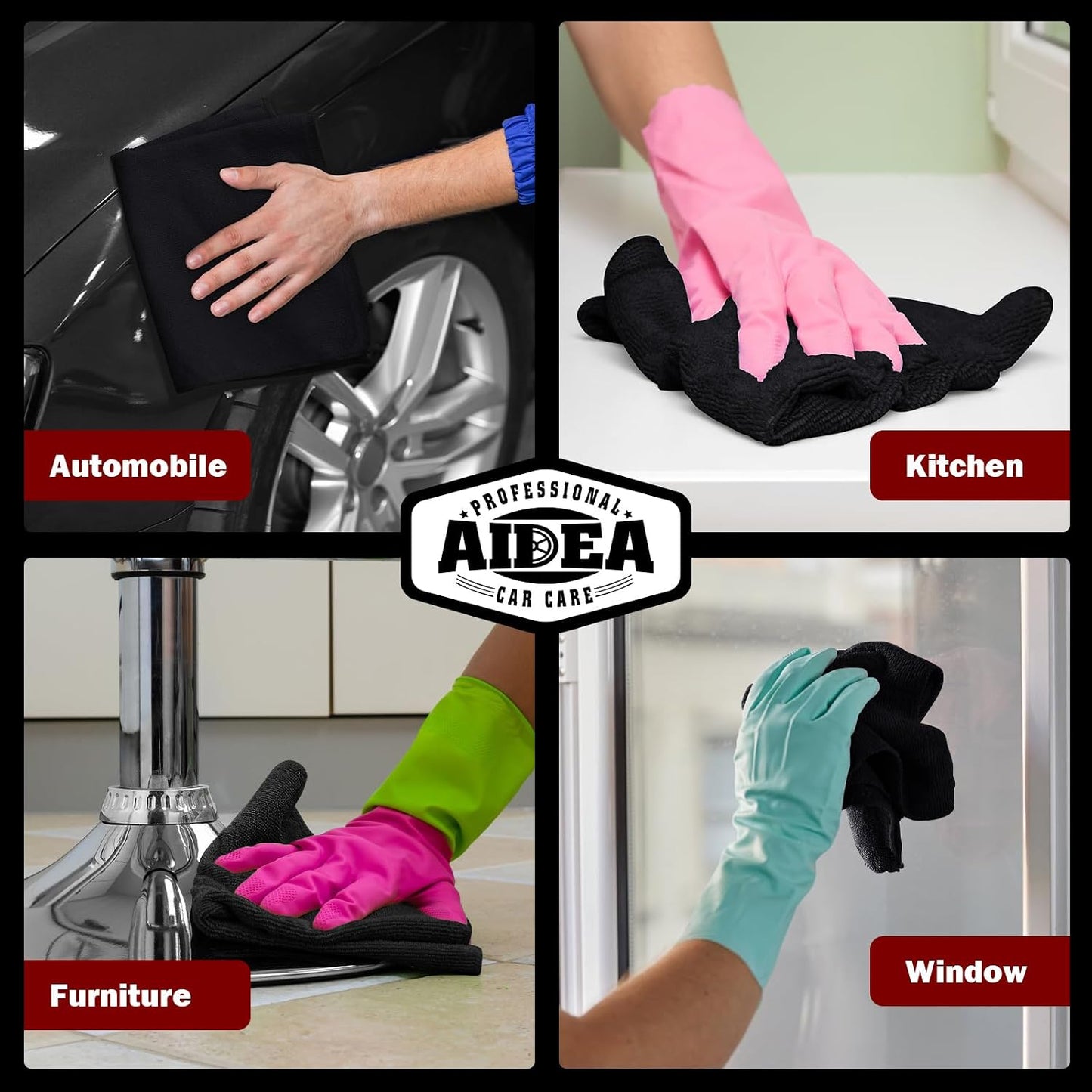 AIDEA Microfiber Cleaning Cloth Black 150PK,Cleaning Rags Shop Towel 12×12"