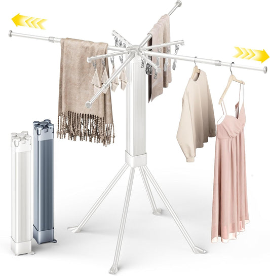 BIREN Clothes Drying Rack Foldable Extending Laundry Rack with 16 Clips Collapsible Clothing Rack Space-Saving Clothing