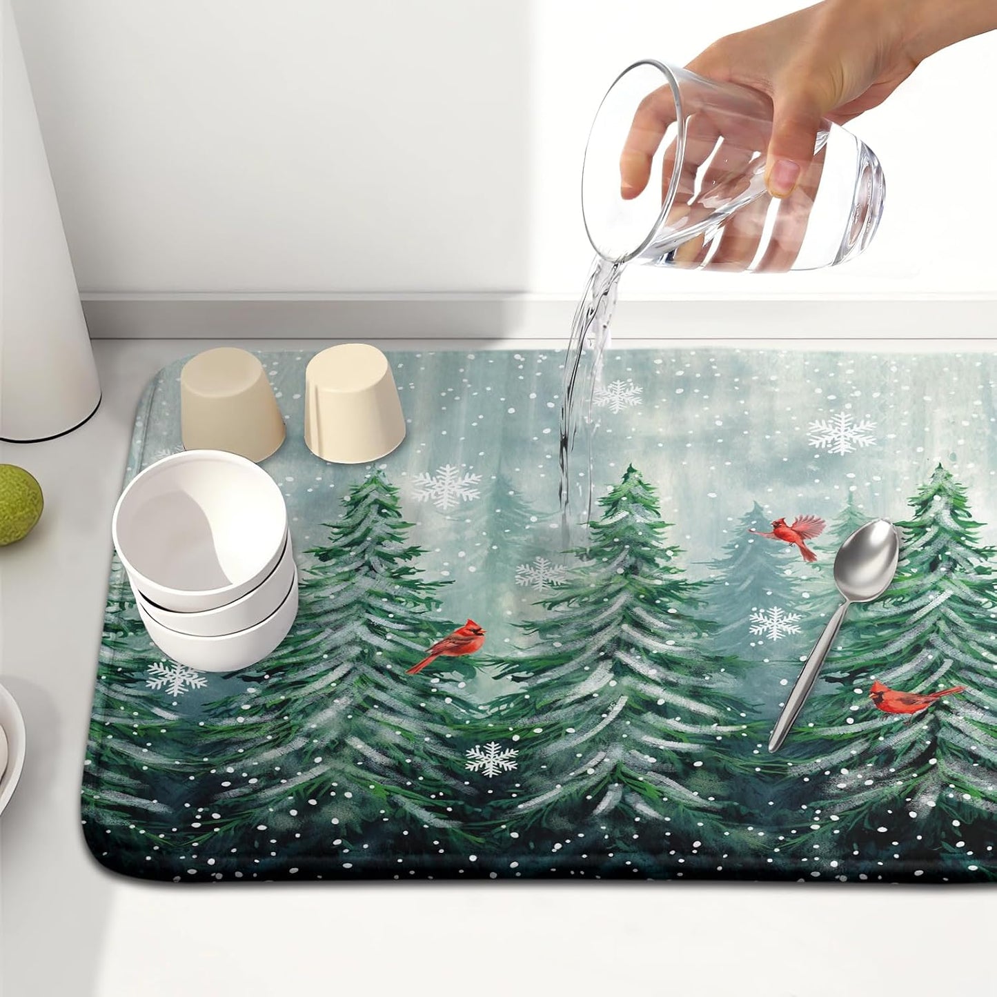 Welcome Winter Pines Tree Dish Drying Mat, Winter Snowflake Dish Drying Mat for Kitchen Counter, Red Birds Absorbent Fast Dry Dish Drainer Mat Protector Xmas Microfiber Dish Drying Pad 16"x18"
