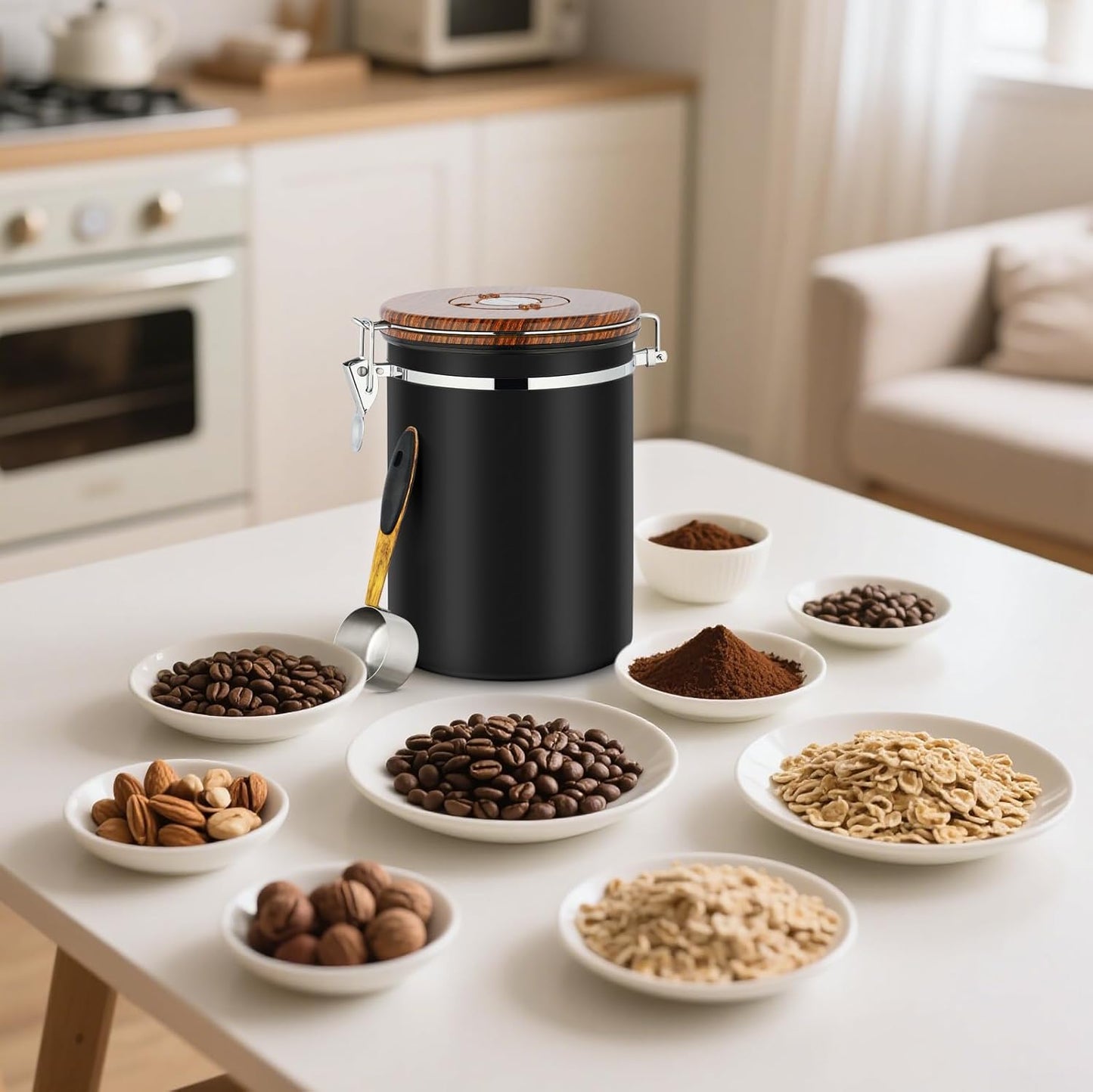 Coffee Canister, 35OZ Stainless Steel Coffee Bean Storage for 1kg Beans, Food Storage Container with Date Tracker, Scoop & CO2 Valve