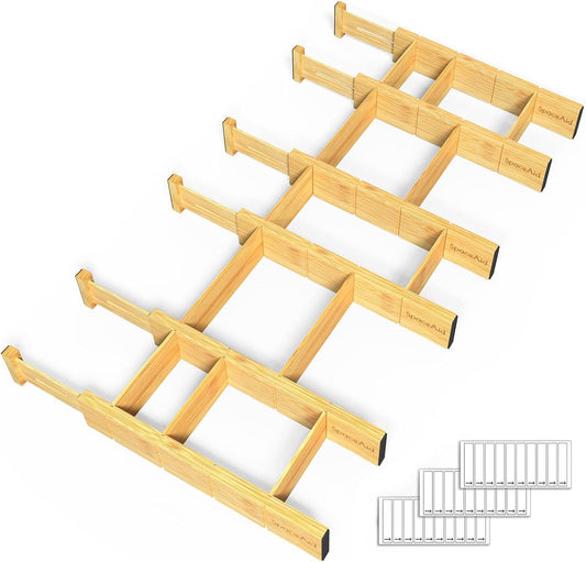 SpaceAid Bamboo Drawer Dividers with Inserts and Labels, Kitchen Adjustable Drawer Organizers, Expandable Organization for
