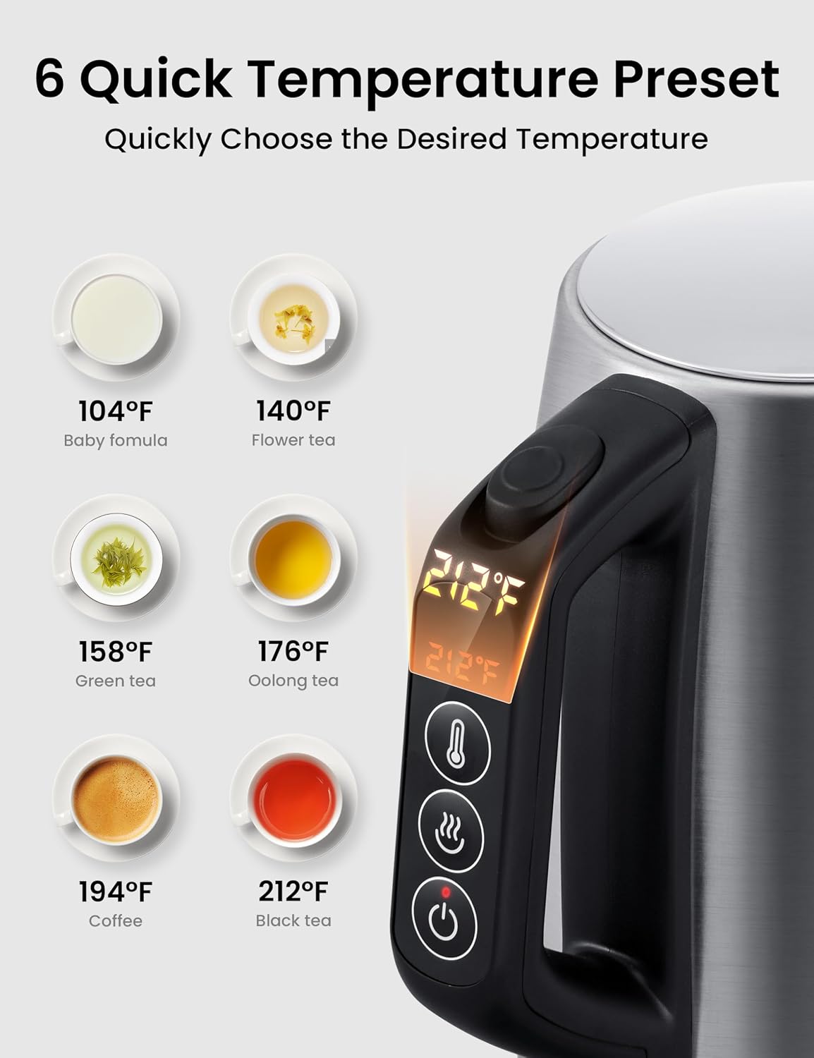 COMFEE' Stainless Steel Temperature-Control Kettle, 1.7L with 6 Preset Mode