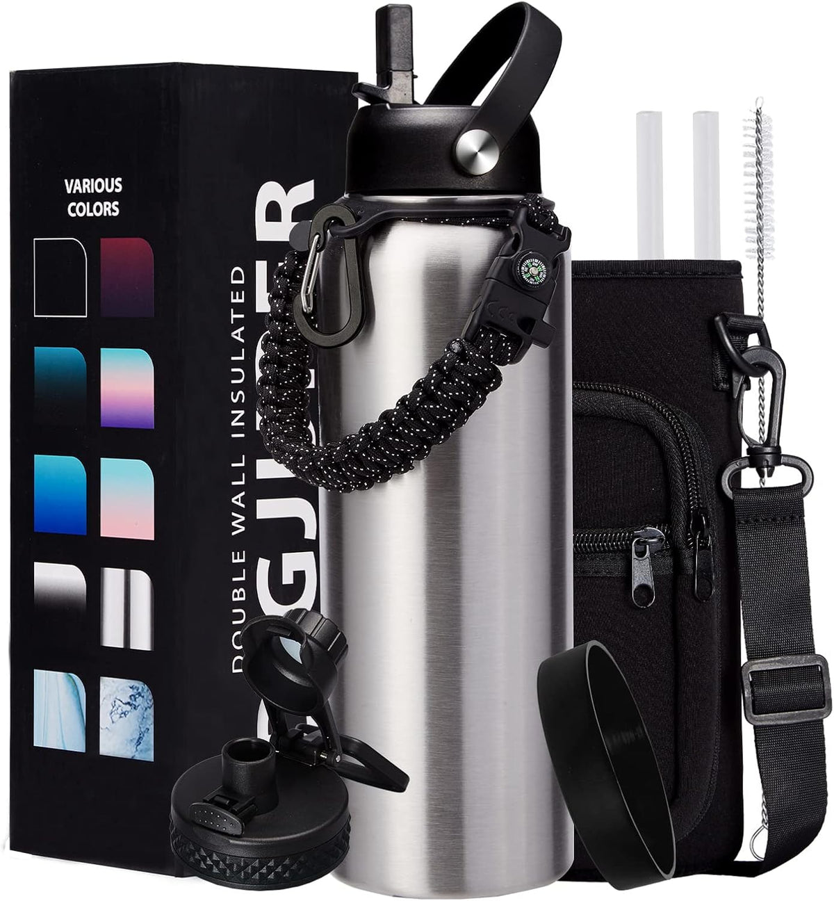 40oz Stainless Steel Water Bottle - Wide Mouth Vacuum Insulated Metal Water Bottle with Straw Lid &amp; Paracord Handle, Sweat-Proof Water Flask Thermo Metal Mug with Strap for Gym Camping Hiking