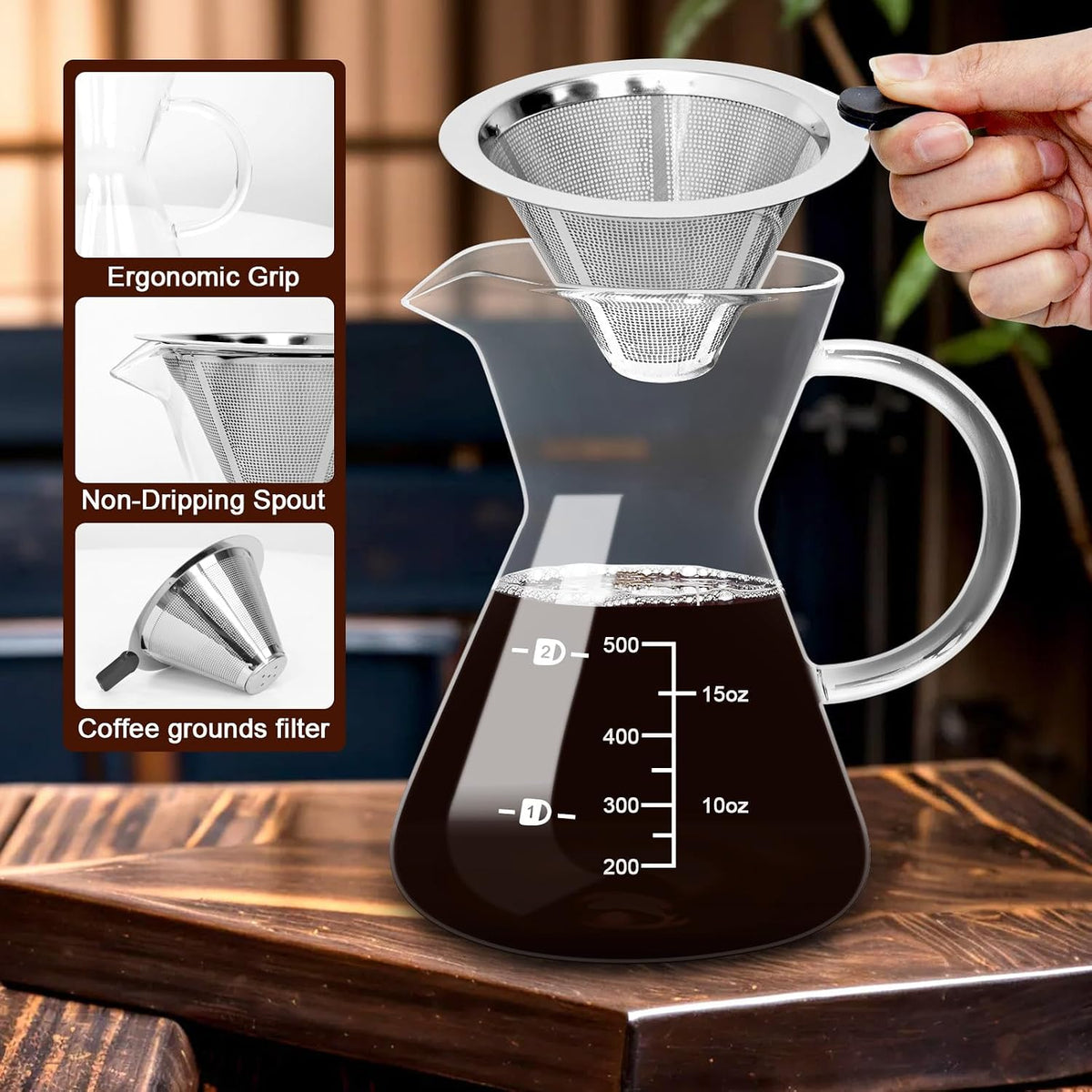 17oz/500ML Glass Pour Over Coffee Maker &amp; Stainless Filter | Double Stainless,Thickened Heat-Resistant Borosilicate Glass,Plastic Free Pour Over Coffee Dripper for Home,Camping