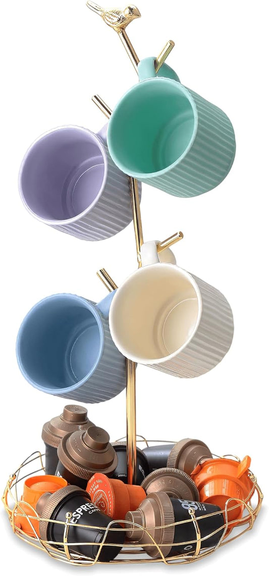 Gold Mug Holder & Mug Tree for Countertop, Decorative Bird Mug Rack for Counter Large Mugs with Nest Storage Basket, Coffee