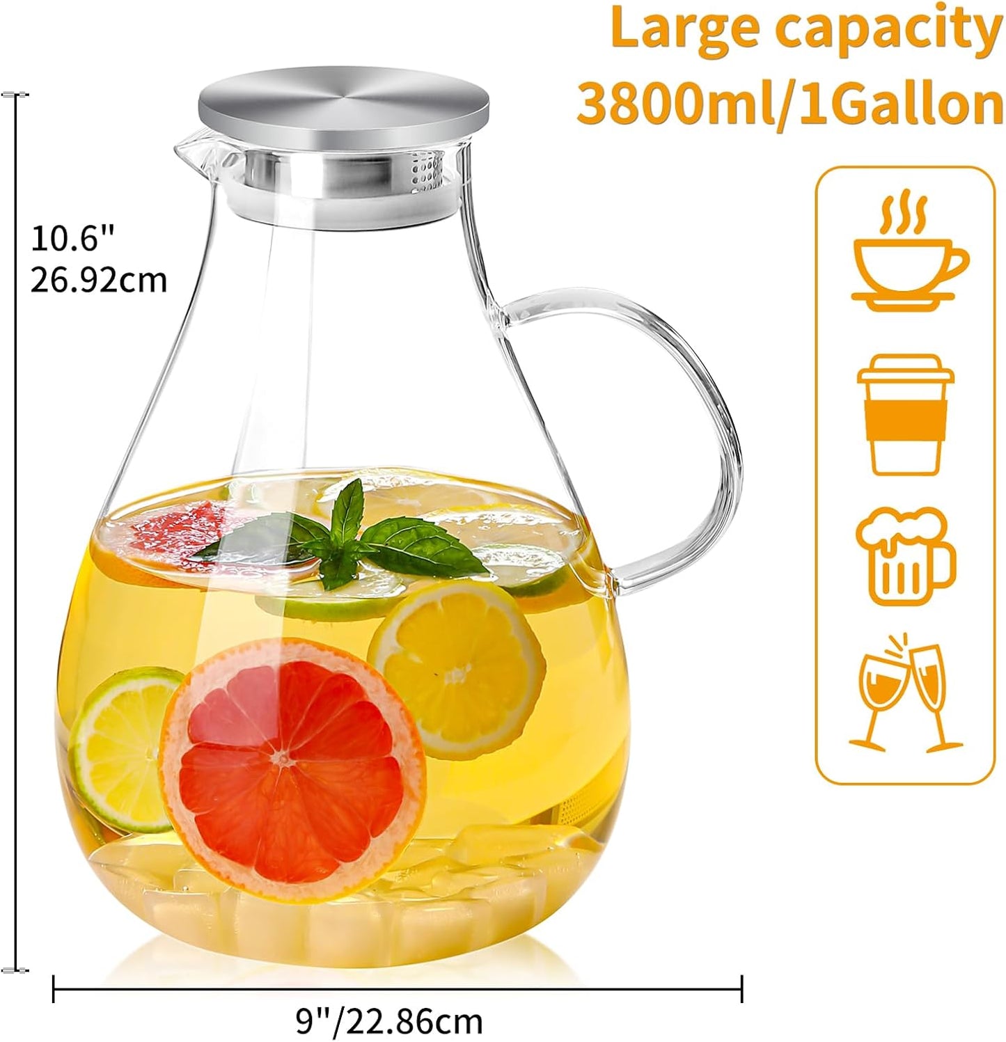 UNBREAKABLE - 1 Gallon Glass Pitcher – 3800ml Heat-Resistant Borosilicate Water Jug with Stainless Steel Lid, Easy to Clean, Handmade Carafe for Hot &amp; Cold Drinks – Modern Style for Home or Office