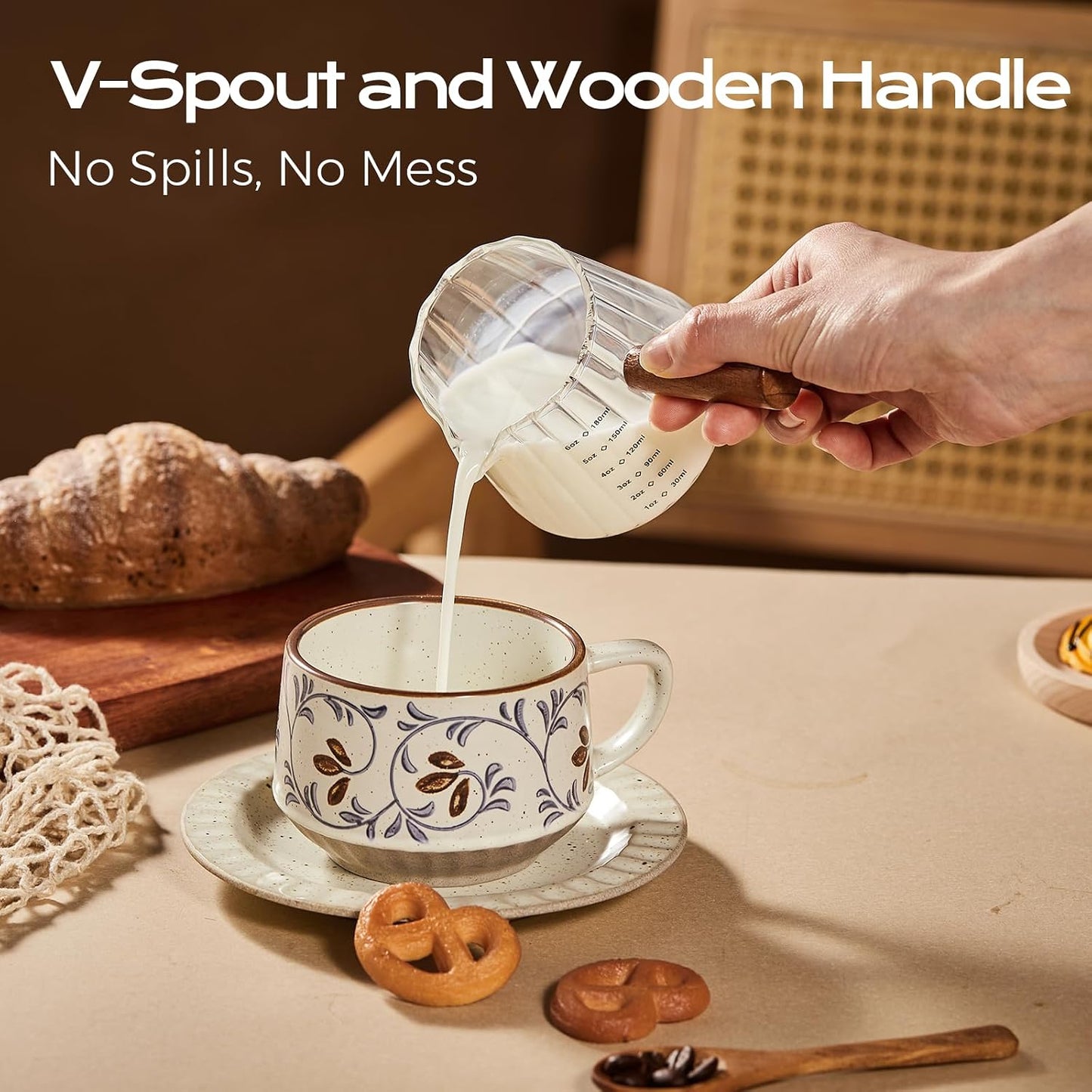 YARRAMATE 6oz Glass Espresso Measuring Cups, 2 Pack with Handle | Borosilicate Glass, Precision Pouring, Heat Insulated Grip, Dual-Scale Accuracy, Easy to Rinse Clean