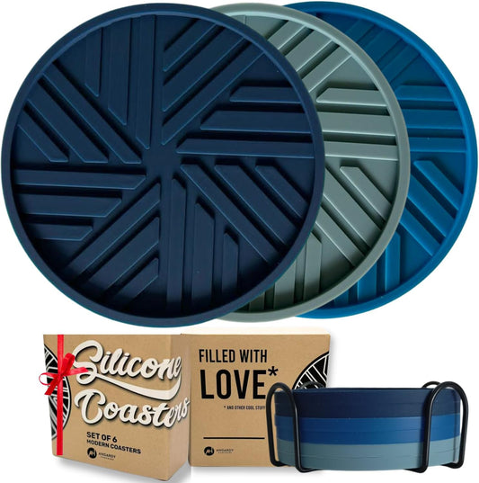 Coasters Set of 6 - Silicone Drink Coasters for Home Decor and Coffee Table Modern Elegant Blue Pattern - Round 4"