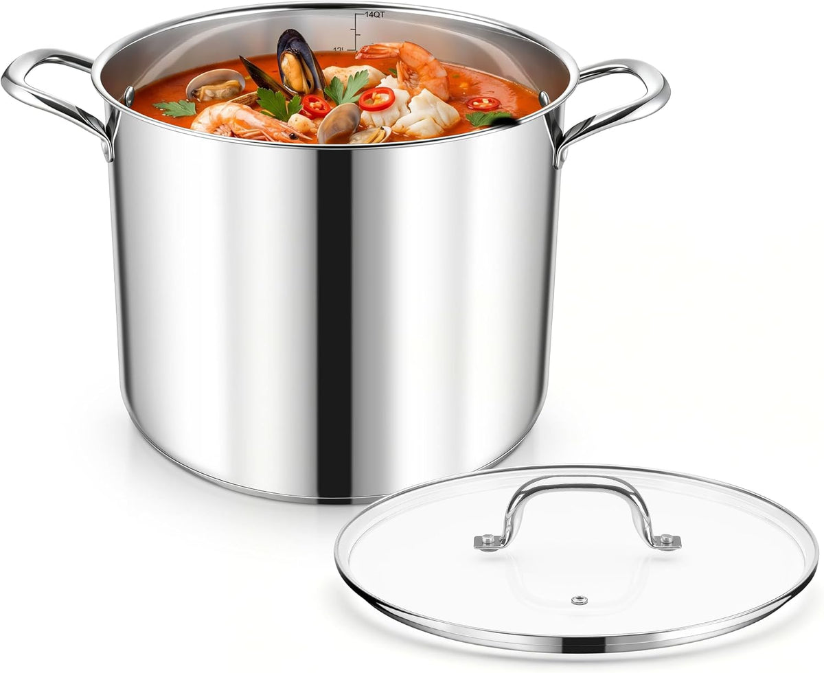 E-far 14 Quart Stainless Steel Stock Pot, Heavy Duty Induction Stockpot with Glass Lid for Cooking Soup Canning, Thick Tri-Ply Bottom & Riveted Handles, Compatible with All Stoves, Dishwasher Safe