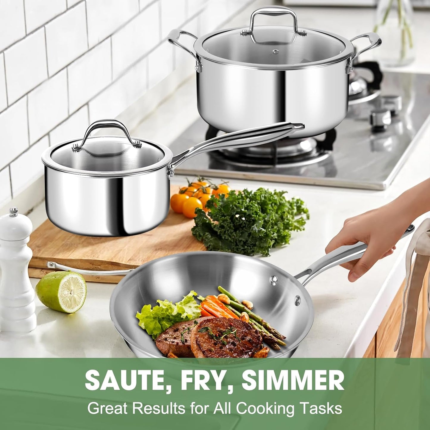 3 Ply Stainless Steel 11-Piece Cookware Set with Lids, Pots and Pans Kitchen Set, Non-Toxic, Induction, Oven, Dishwasher