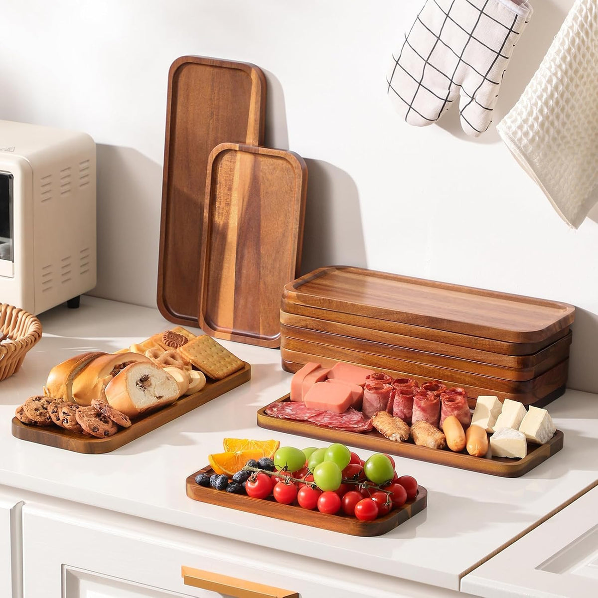 Small Solid Acacia Wood Serving Trays and Platters - Wooden Mini Charcuterie Boards, Rectangle Cheese Board for Food, Bathroom, Home Decor, Kitchen Counter, (14" x 5.5", 1 Pack)