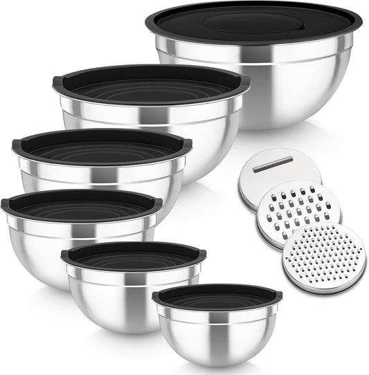 TeamFar Mixing Bowls Set of 6, Stainless Steel Nesting Mixing Salad Bowl with 3 Grater Attachments, for Food Cooking