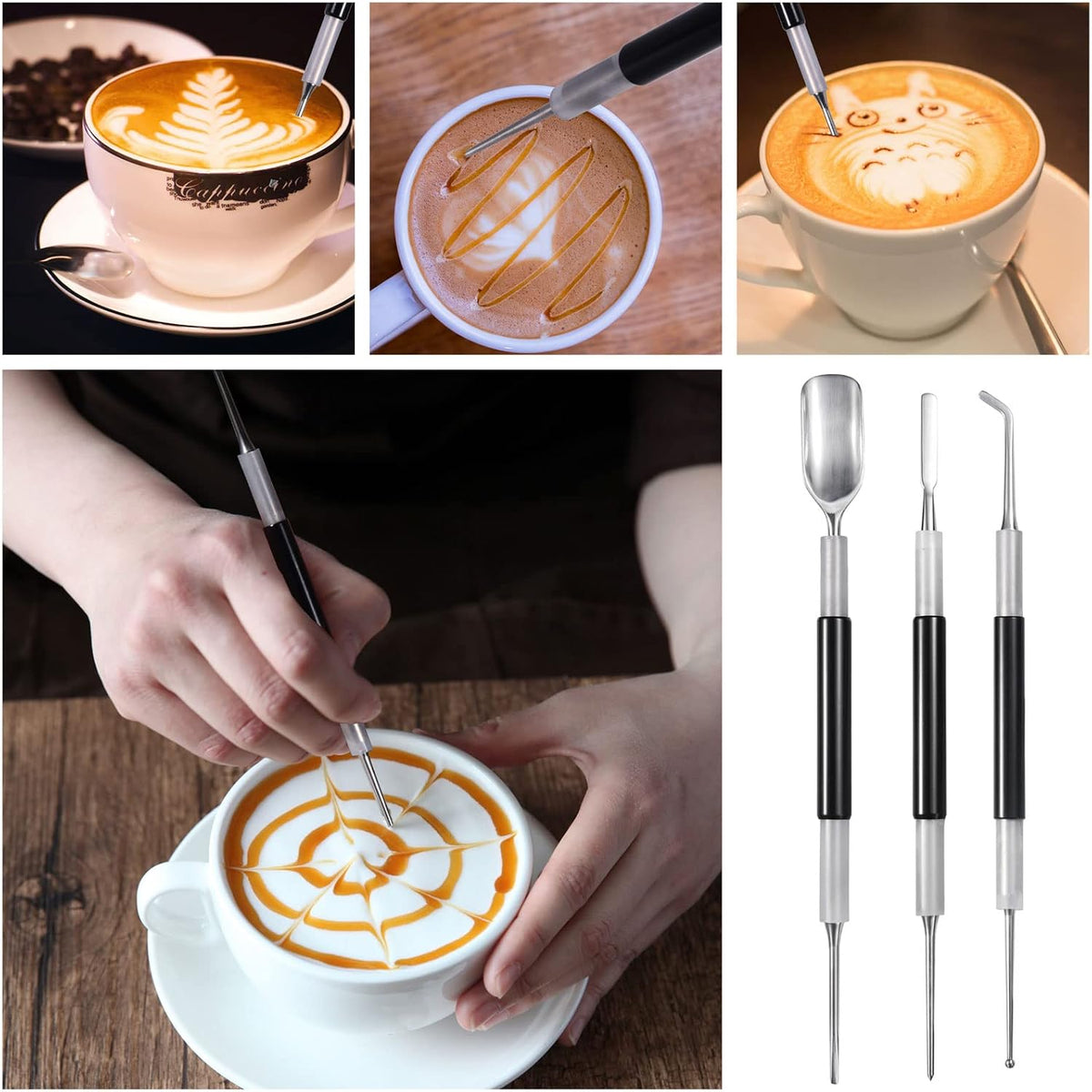 Latte Art Tools Set (3PCS), Coffee Art Pen Stainless Steel for Cappuccino &amp; Espresso, Barista Latte Decorating Kit for Beginners, Home Cafe Coffee Accessories