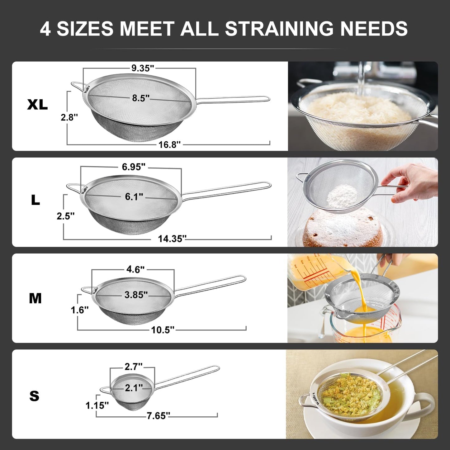 Walfos Extra Fine Mesh Strainer Set of 4-9.35", 6.95", 4.6", 2.7", Stainless Steel 30 Mesh Sieve with Sturdy Handle, Kitchen Food Strainers Sifters for Quinoa, Pasta, Fruits, Vegetables, Rice, Tea