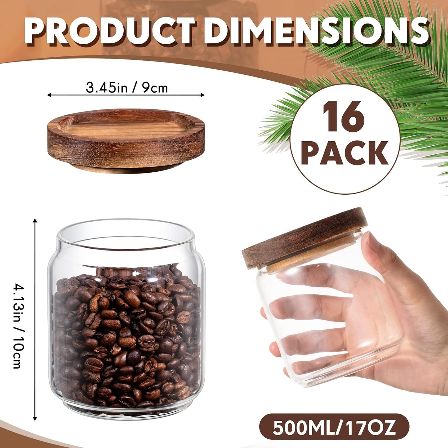 Irenare 16 Pack Glass Containers Canister Set, 17 oz Food Storage Spice Jars with Airtight Lids, Clear Kitchen Containers for Coffee Sugar Tea Beans Nuts Candy Pantry Organization (Wood)