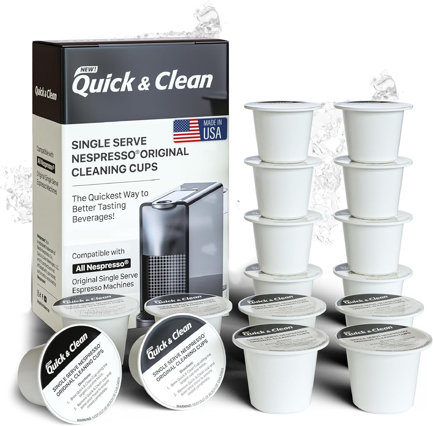 Quick & Clean 16-Pack Cleaning Pods Compatible with Nespresso Original Single Serve Espresso Machines - Removes Stains, Non-Toxic and Eco-Friendly