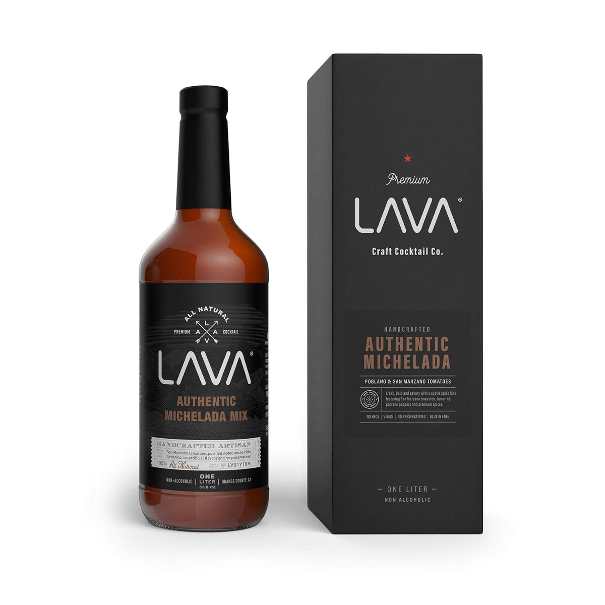 LAVA Premium Authentic Michelada Mix Craft Cocktail Mixer, Made with Real Tomatoes, Ancho Chile Peppers, Tamarind, No Junk Ingredients, Vegan, 1-Liter (33.8oz) Glass Bottle, Ready to Use