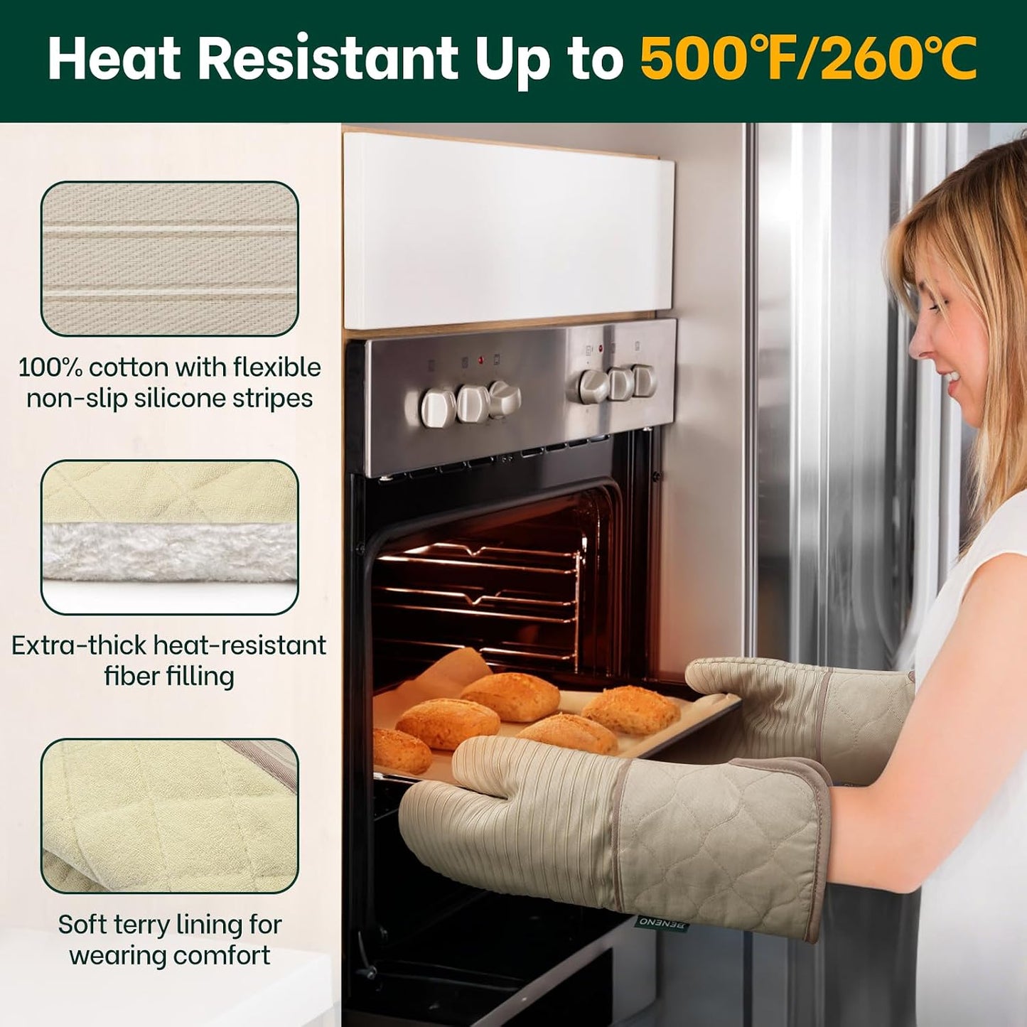 Beneno Heat Resistant 500°F Kitchen Oven Mitts 2-Pack, 7.5"x14.3", Beige | Textured Non-Slip Silicone Grip, Extra Long Forearm Protection, Soft Quilted Cotton Terry Lining, Ideal for Baking &amp; Grilling