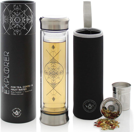 Teabloom All-Beverage Infusion Bottle – 14 oz / 400 ml – Double Wall Insulated Glass Travel Flask – Hot Tea &amp; Cold Brew Coffee Thermos – Removable Sleeve