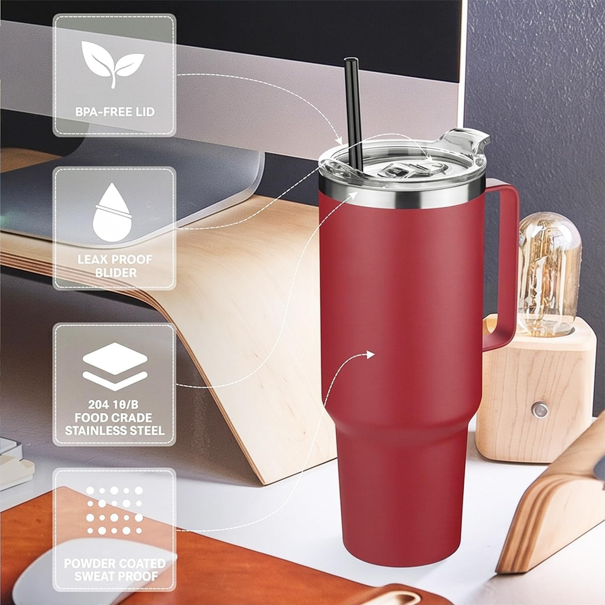 HASLE OUTFITTERS 40 oz Stainless Steel Tumbler with Handle, Vacuum Insulated Tumblers Bulk, Reusable Double Wall Travel Coffee Mug, Durable Powder Coated Water Bottles(Wine Red, 1)