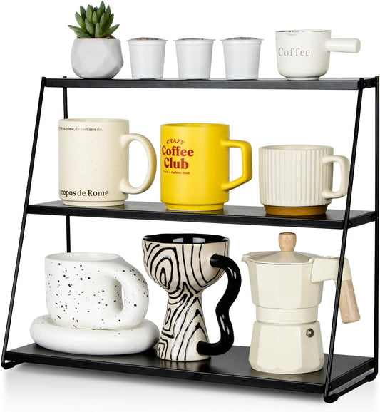 PUERSI Coffee Mug Holder, Metal Mug Display Rack for Countertop, 3 Tier Mug Shelf, Coffee Station Accessories Organizer for