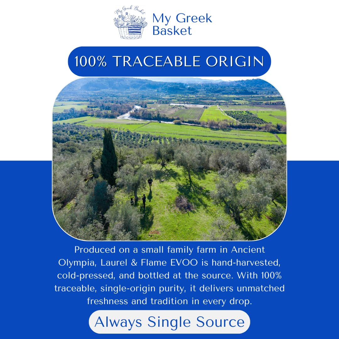 Laurel &amp; Flame Fresh - Extra Virgin Olive Oil - "Best Greek Olive Oil" Award - Cold Pressed - Polyphenol Rich (1,212 MG/KG) - USDA-Organic - 90X Hydroxytyrosol Polyphenols - Early Harvest - Single Origin - Rare Local Olive Variety - 500 ml (16.9 fl oz