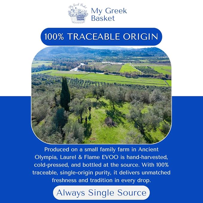 Laurel & Flame Fresh - Extra Virgin Olive Oil - "Best Greek Olive Oil" Award - Cold Pressed - Polyphenol Rich (1,212 MG/KG) - USDA-Organic - 90X Hydroxytyrosol Polyphenols - Early Harvest - Single Origin - Rare Local Olive Variety - 500 ml (16.9 fl oz)