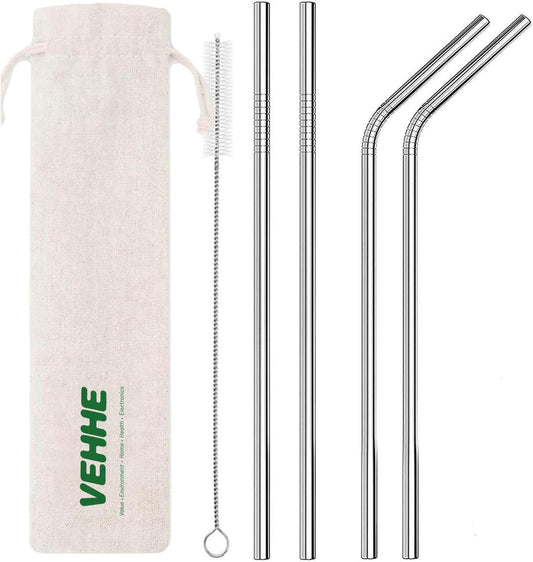 VEHHE Metal Straws Stainless Steel Straws Drinking Straws Reusable - 10.5" Ultra Long 4 + 1 - W/Cleaning Brush for 20/30 Oz