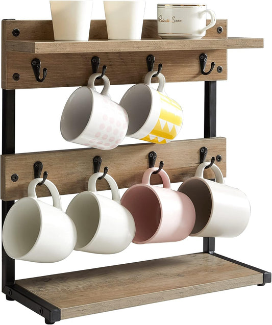 IBUYKE Rustic Coffee Mug Holder Stand, 2 Tier Countertop Mug Tree Holder Rack with Storage Base, Vintage Mug Holders for