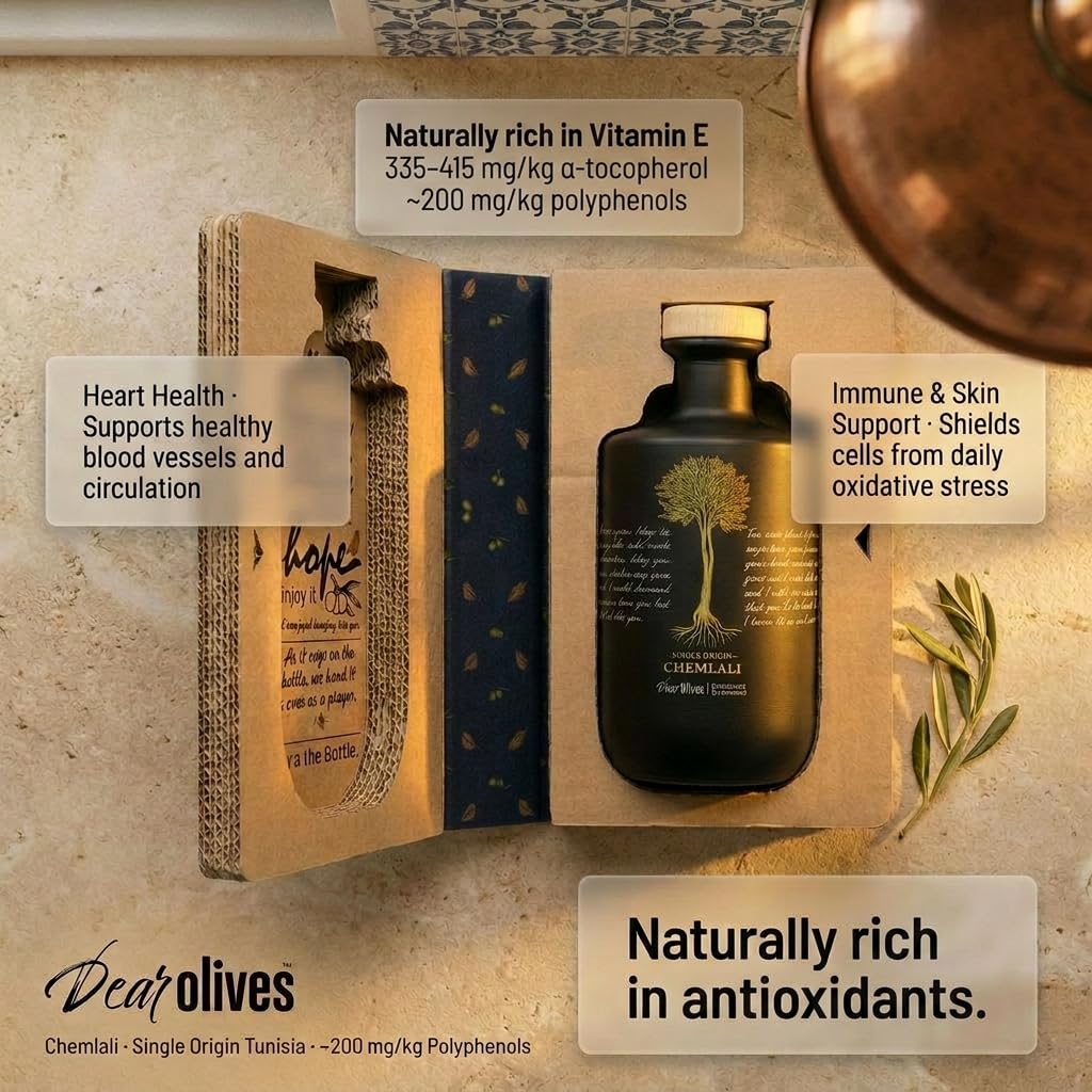 Dear Olives™ Smooth Mediterranean Extra Virgin Olive Oil, Early Harvest Cold Pressed, Balanced Taste &amp; Polyphenols, Perfect for Dipping, Drizzling and Cooking, Award-Winning 2025 Harvest in Premium Box, 700ml / 23.7 Fl Oz (Chemlali - Smooth)