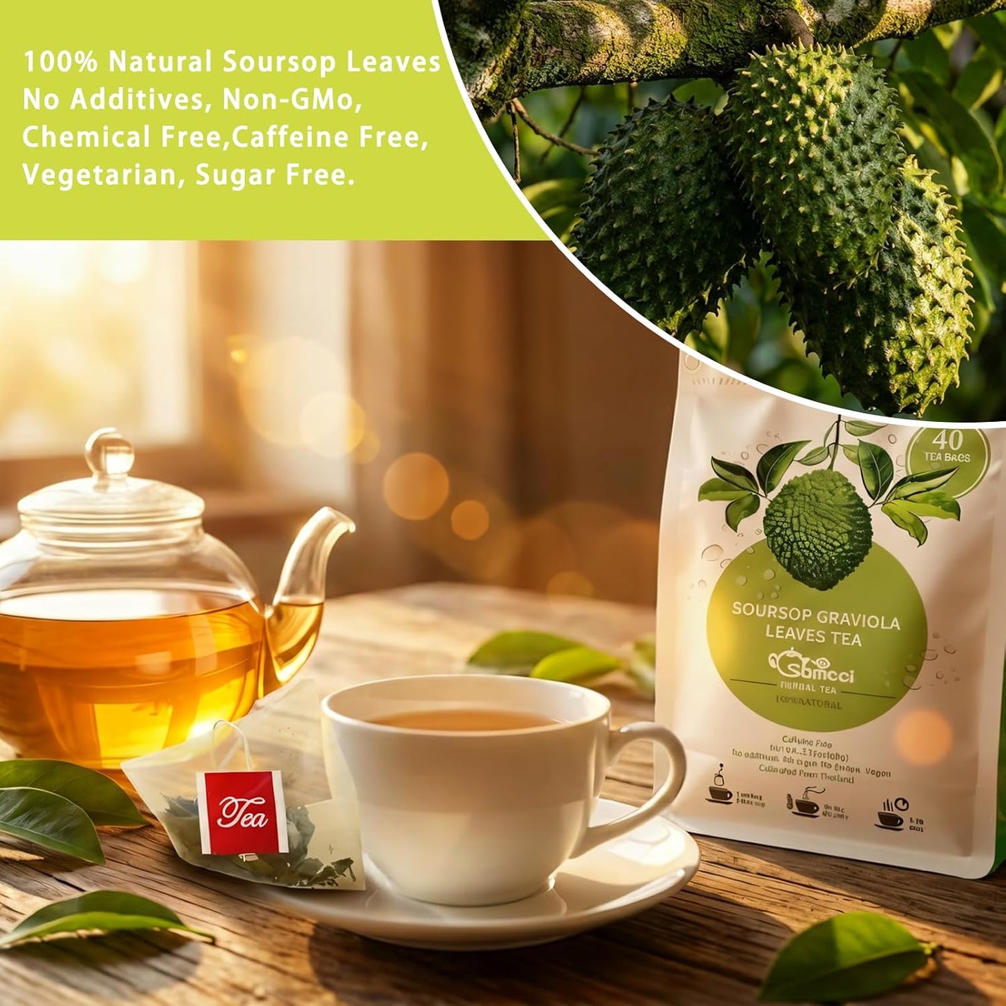 Samcci Soursop Leaves Tea Bags, 40 Counts, Pure &amp; Natural Sour Sop Leaves | Graviola Leaves Tea, Hoja Guanabana Tea, Gentle Digestive Comfort, Supports Skin &amp; Sleep , No Additives, Resealable Pouch