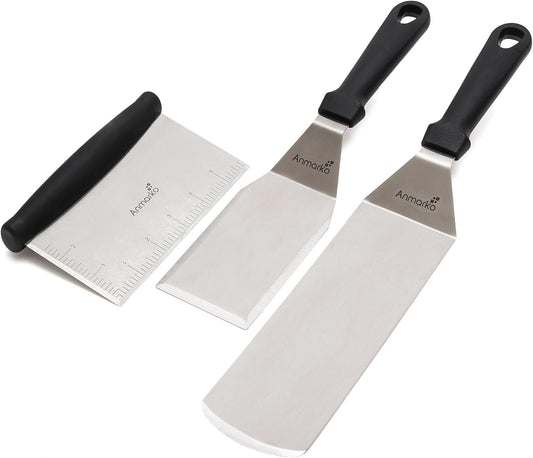 Metal Spatula Stainless Steel and Scraper - Professional Chef Griddle Spatulas Set of 3 - Heavy Duty Accessories Great for