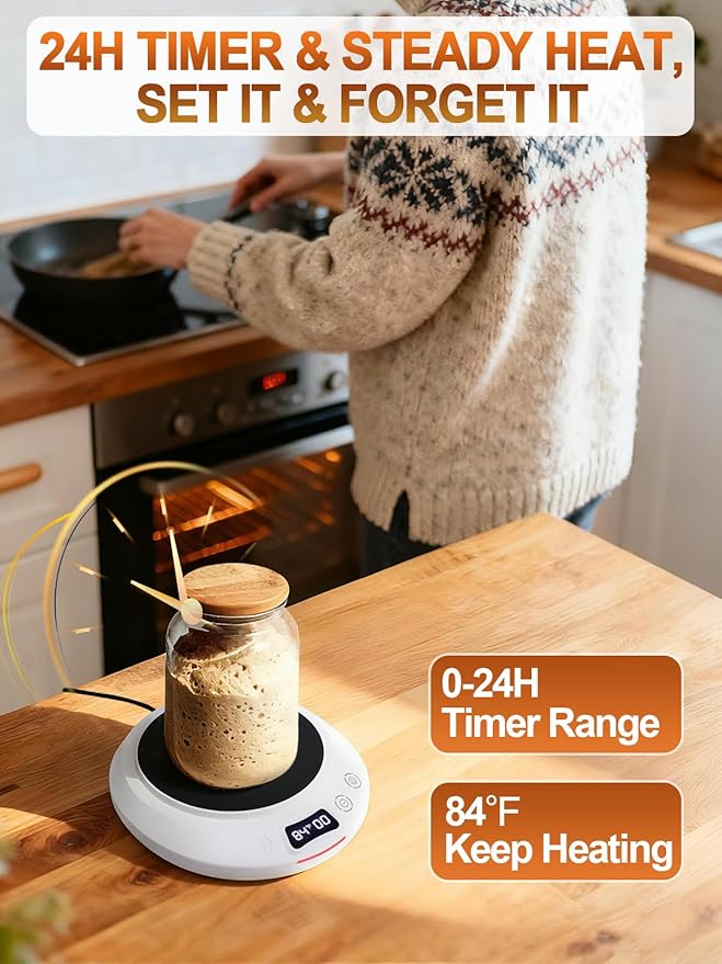 Sourdough Starter Warmer Kit - Precise 1°F Temperature (70~120°F Range) & 0~24H Timer Control Dough Heating Mat with 2 Thermometer Strips, Bread Baking Supplies Gifts, White
