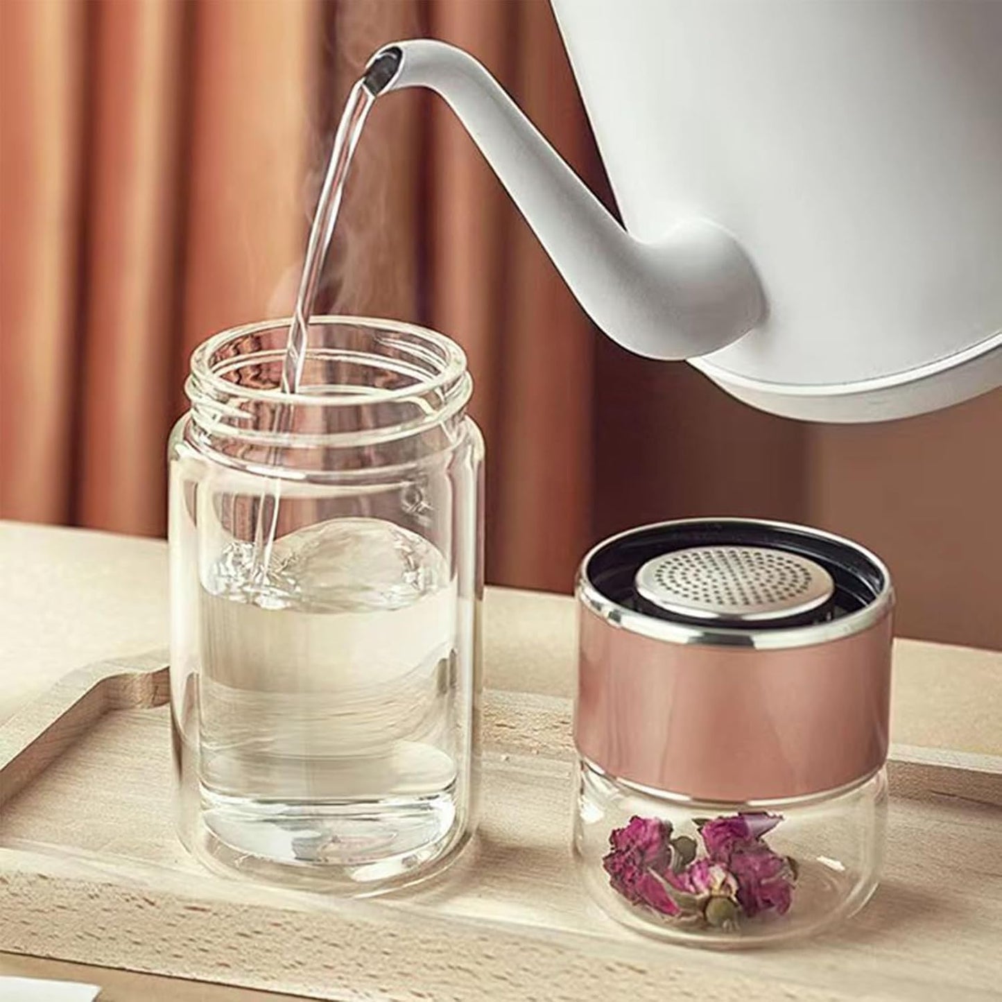 QUROXO 2025 New Glass Infuser, 3-In-1 Smart Tea Infuser with Cup Brush, Double-Layer Borosilicate Glass Tea infusers Separation Cup (Gold, 350ml (12oz))