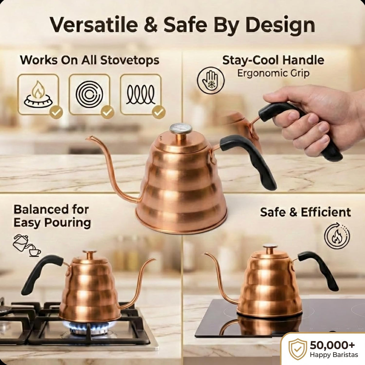 Barista Warrior Gooseneck Kettle with Thermometer - 1.2L Pour Over Coffee &amp; Tea Kettle, Copper Coated Stainless Steel Gooseneck Kettle Pot, Precision Pour Drip Spout, Suitable for All-Stoves (40 floz)
