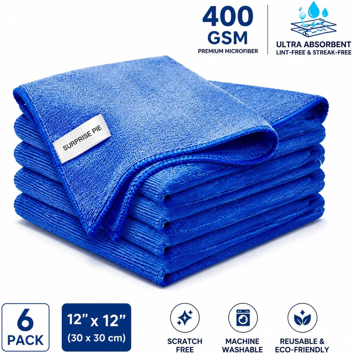 Premium Microfiber Cleaning Cloths, Ultra Absorbent Lint-Free Towels for Kitchen, Glass, Car Care, Stainless Steel &amp; Household Cleaning, 400 GSM, 12" x 12"