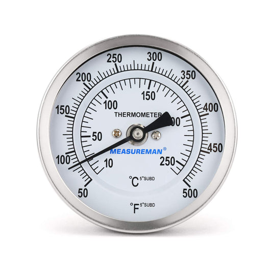 Measureman Fully Stainless Steel Bimetal Dial Thermometer, 3" Dial, 2-1/2" Stem, 50-500 deg F/10-260 deg C, -1% Accuracy,