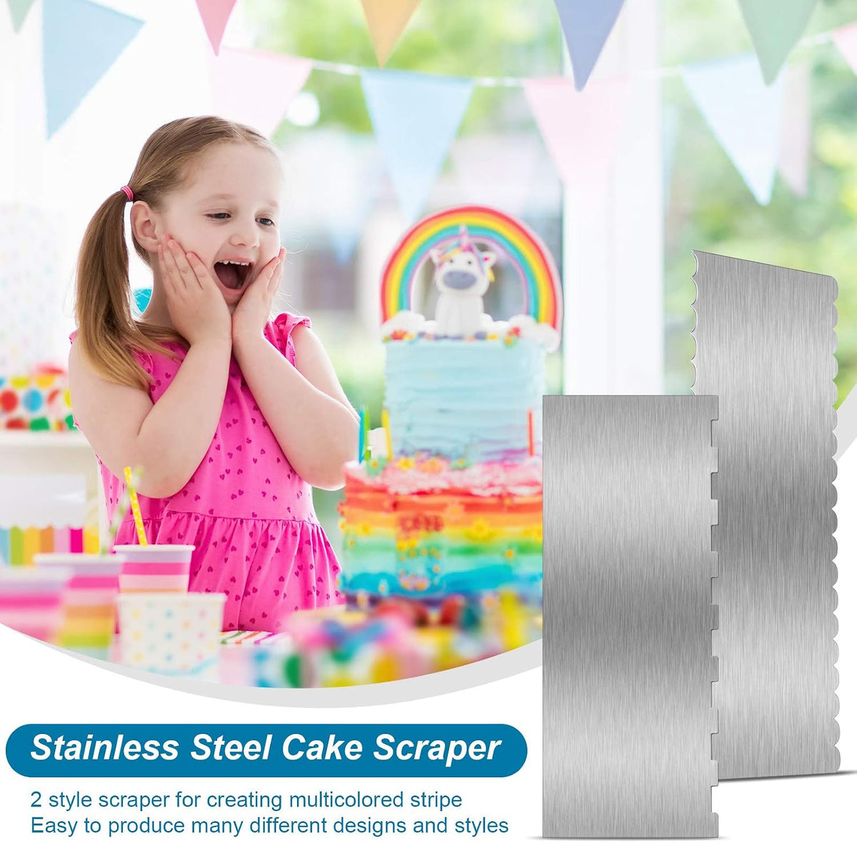 2 Pcs 9 in Double Sided Comb Stainless Steel Cake Scraper Smoother | Double Sided Patterned stripe edge and smooth edge, for cream decorating, metal comb scraper