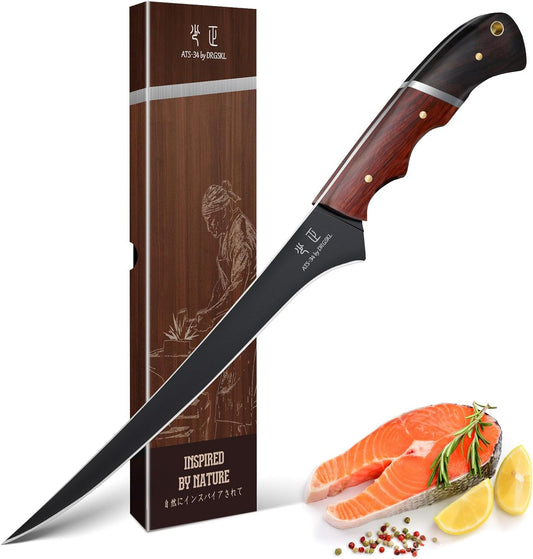 Fish Fillet Knife 7inch - Black Meat Slicing Knife in High Carbon Steel, Boning Knives for Meat Poultry Chicken Trimming,