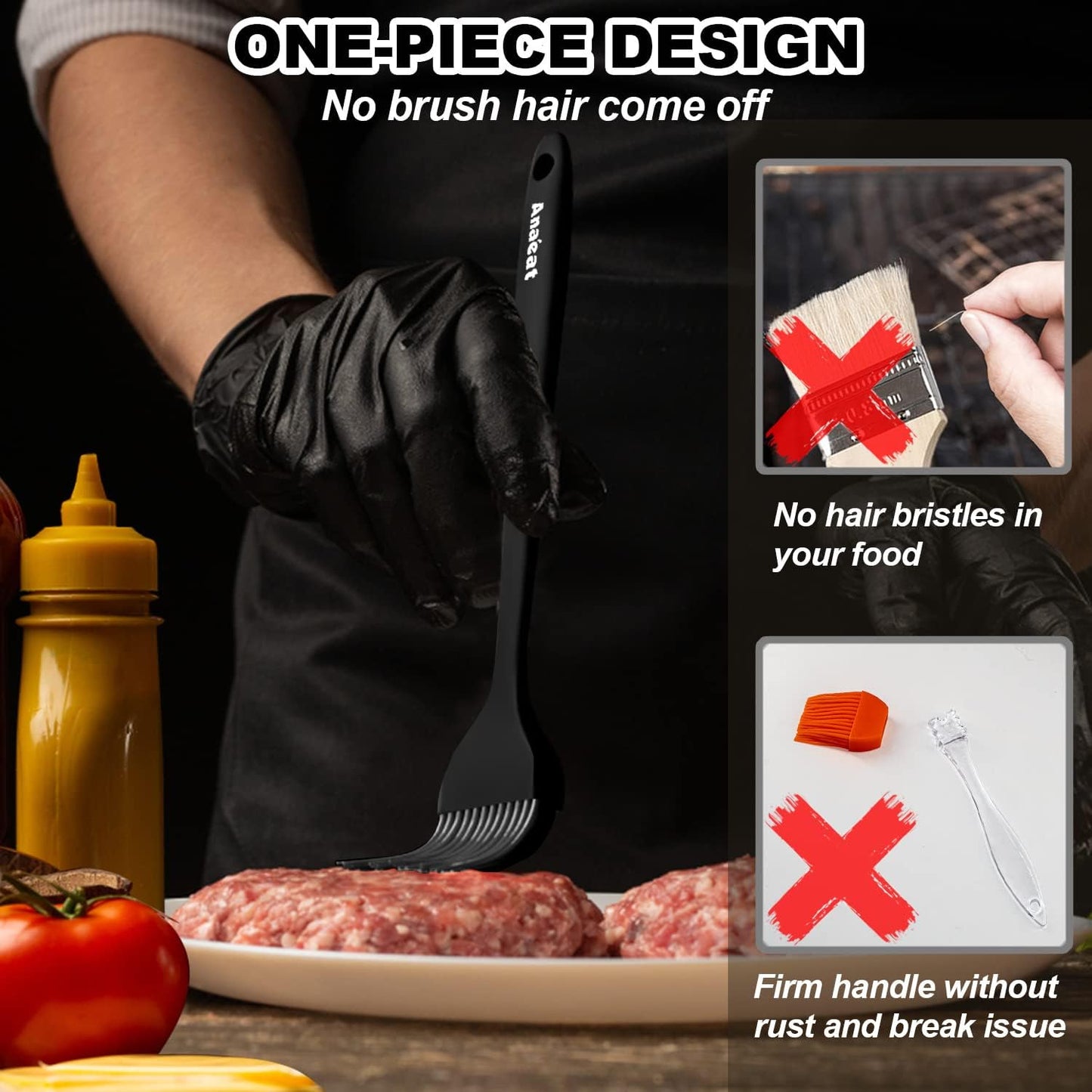 Anaeat High Heat Resistant Silicone Basting Pastry Brush Set of 3- Hygienic One-Pieces Design Spread Oil Butter for BBQ Grill Barbecue Baking Kitchen Cooking - BPA Free &amp; Dishwasher Safe (10"+8.2")