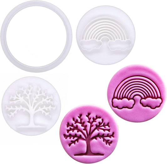 BAKERLOGY New Beginnings - Mini 2" Cookie Cutter & Stamp Set - Rainbow & Lush Tree Design for Easter & Spring Cookies,