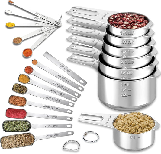 21 Pieces YUNNKEEY Measuring Cups and Spoons Set - Includes 7 Stainless Steel Measuring Cups, 8 Rectangular & 5 Mini